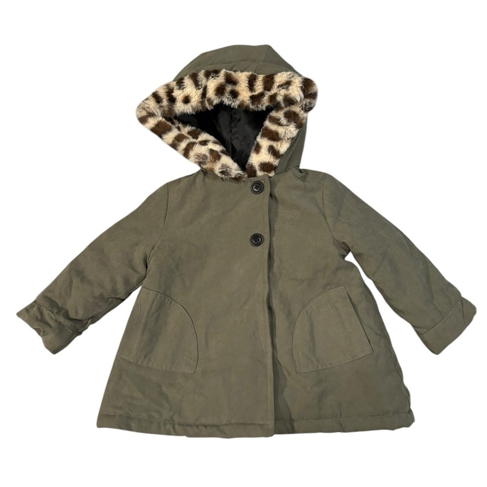Tahari Olive Green Hooded Coat with Faux Fur Trim 12M